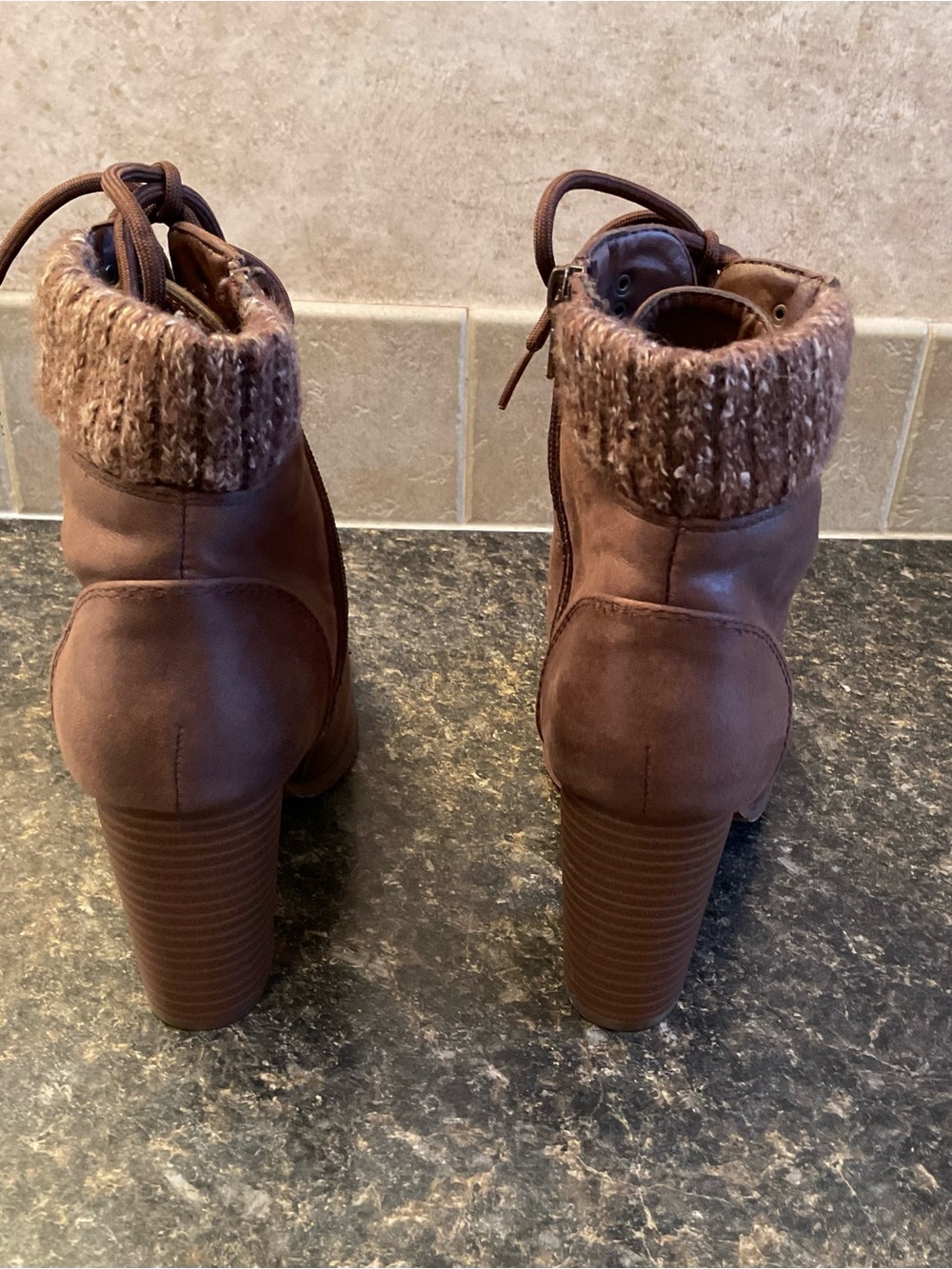 Women's Brown Lace-Up Ankle Boots with Faux Fur Trim - Picture 3 of 7